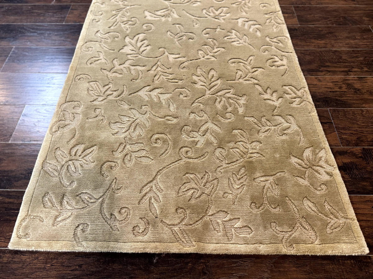 Modern Tibetan Rug 3.7 x 5.5, Carved Floral Design, Wool and Silk Highlights - Jewel Rugs, view 6