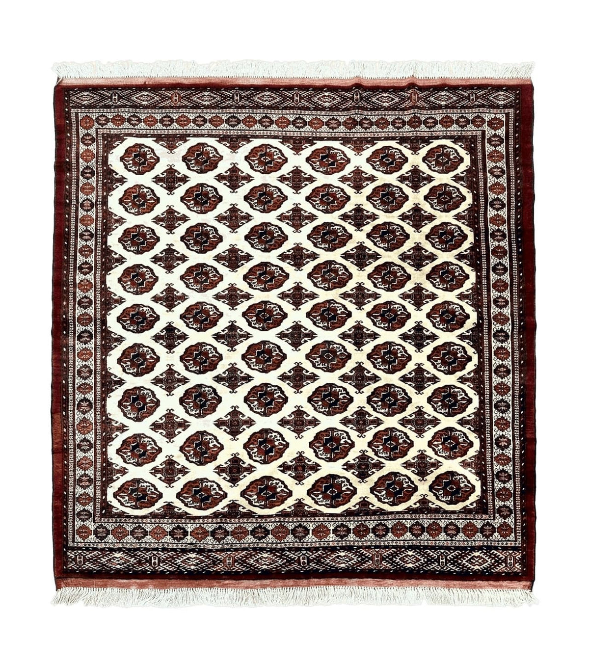 Persian Turkoman Rug 7x8, Almost Square Rare, Hand Knotted, Yamud, Bohemian Rug, Handmade Tribal Rug, Cream Red, Handmade Oriental Carpet - Jewel Rugs