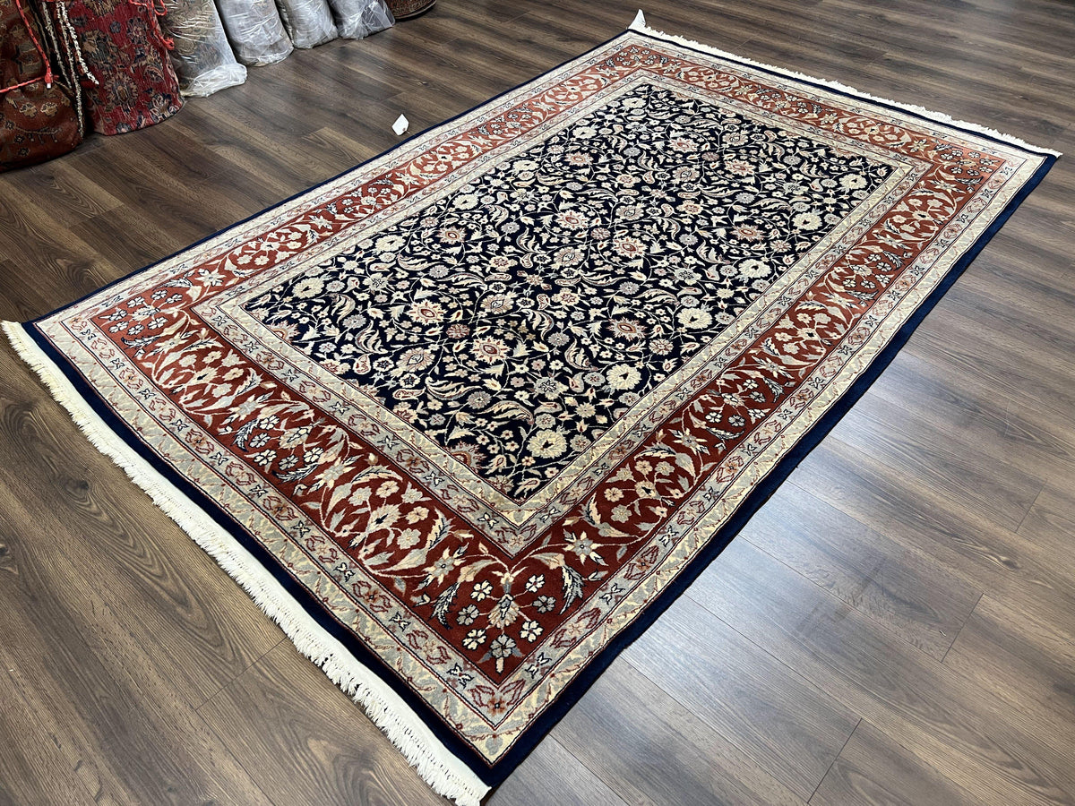 Indo Sarouk Rug 6x9, Vintage Indian Persian Rug, Wool Oriental Carpet, Navy Blue Red Allover Floral Rug, Traditional Very Fine Rug, Area Rug - Jewel Rugs, view 13