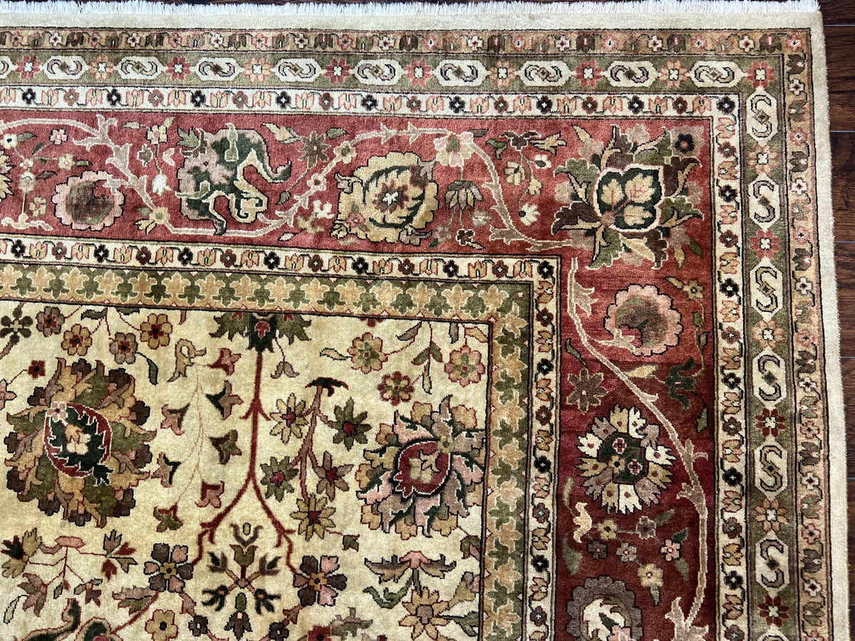 Large Indian Rug 10x14, Hand Knotted Indo Persian Gandehar Oriental Carpet, Vintage Wool Rug 10 x 14 ft Cream Red Floral Allover Traditional - Jewel Rugs, view 8