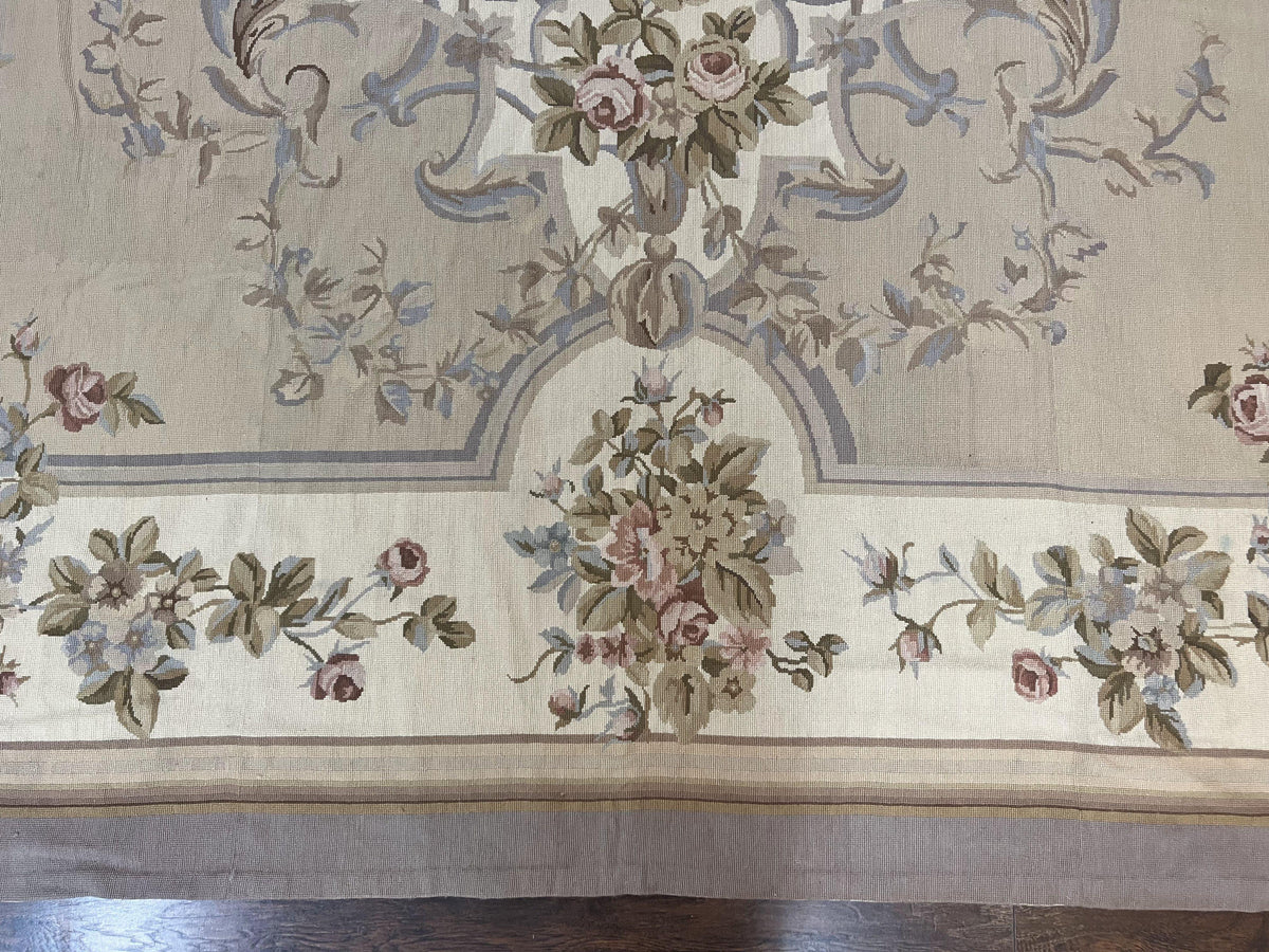 Aubusson Needlepoint Rug 9x12, VIntage Handmade Wool Beige Floral European Elegant Rug 9 x 12, Floral Roses - Jewel Rugs, view 6