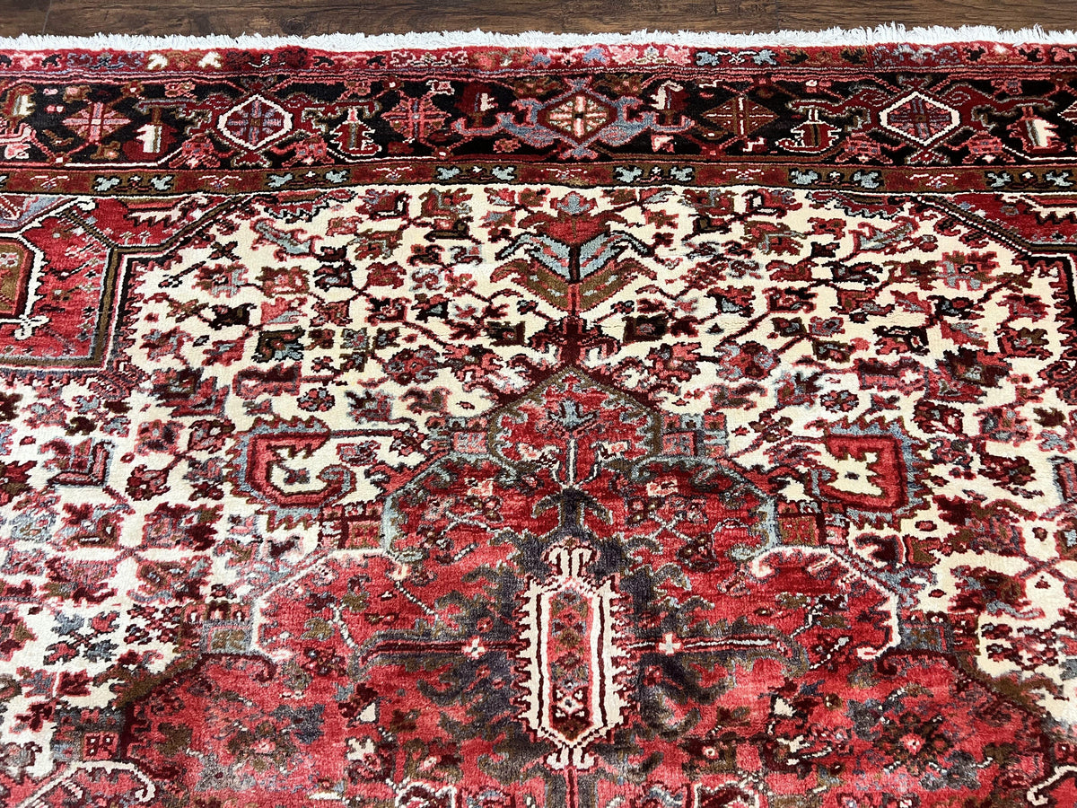 Large Persian Heriz Rug 10x13, Red and Cream Geometric Tribal Room Sized Handmade Wool Hand Knotted Semi Antique Decorative Oriental Carpet - Jewel Rugs, view 4