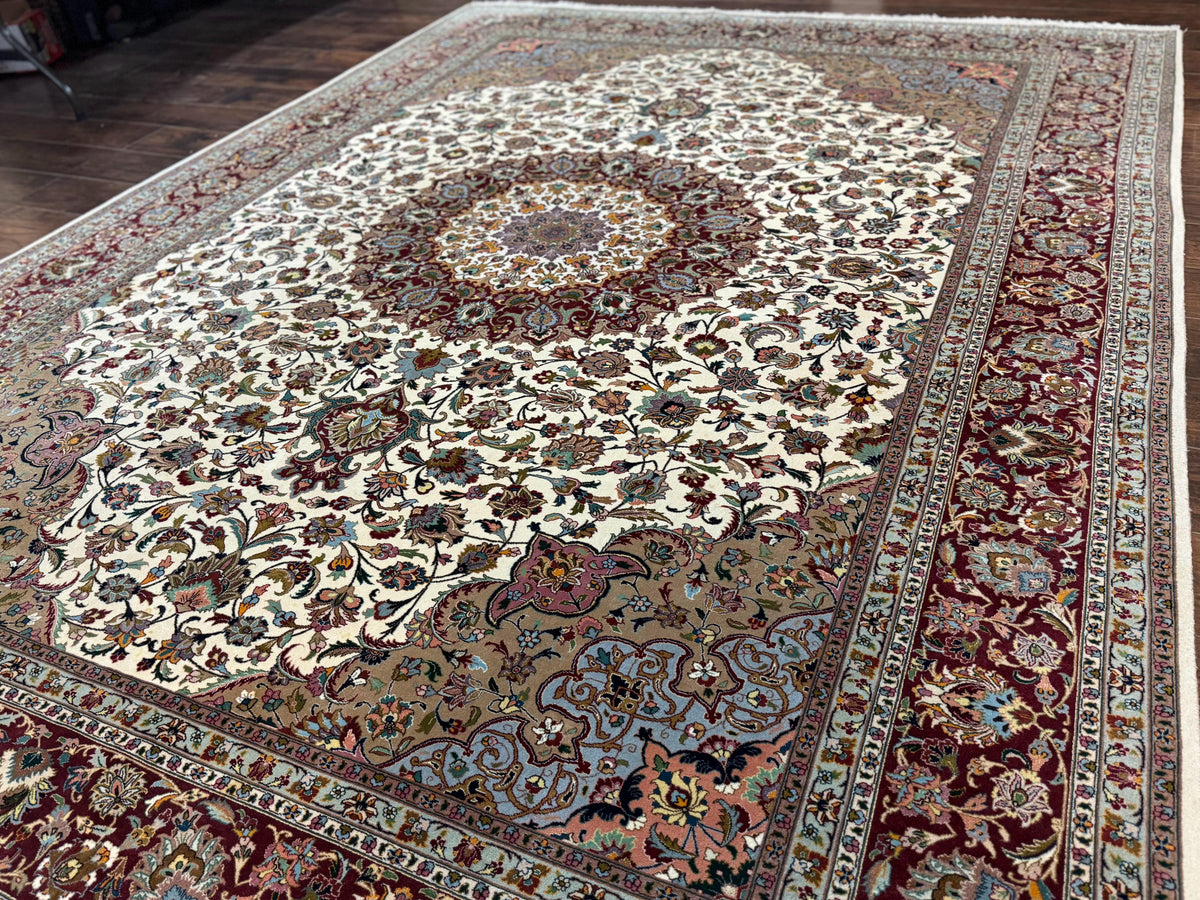 Persian Tabriz Rug 8x11, Floral Medallion Traditional Area Rug, Fine 300 KPSI, Ivory Maroon - Jewel Rugs, view 2