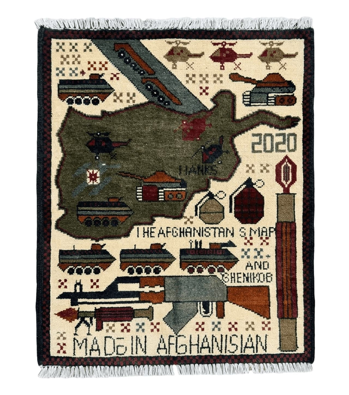 Afghan War Rug, Tanks Helicopters Guns - Jewel Rugs