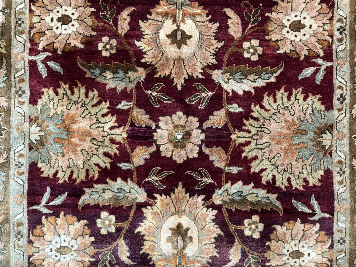 Indo Mahal Rug 6x9, Large Flowers Allover, Maroon and Green, Handmade Wool Area Rug, Vintage Rug, Indian Oriental Carpet, Hand Knotted Rug - Jewel Rugs, view 5