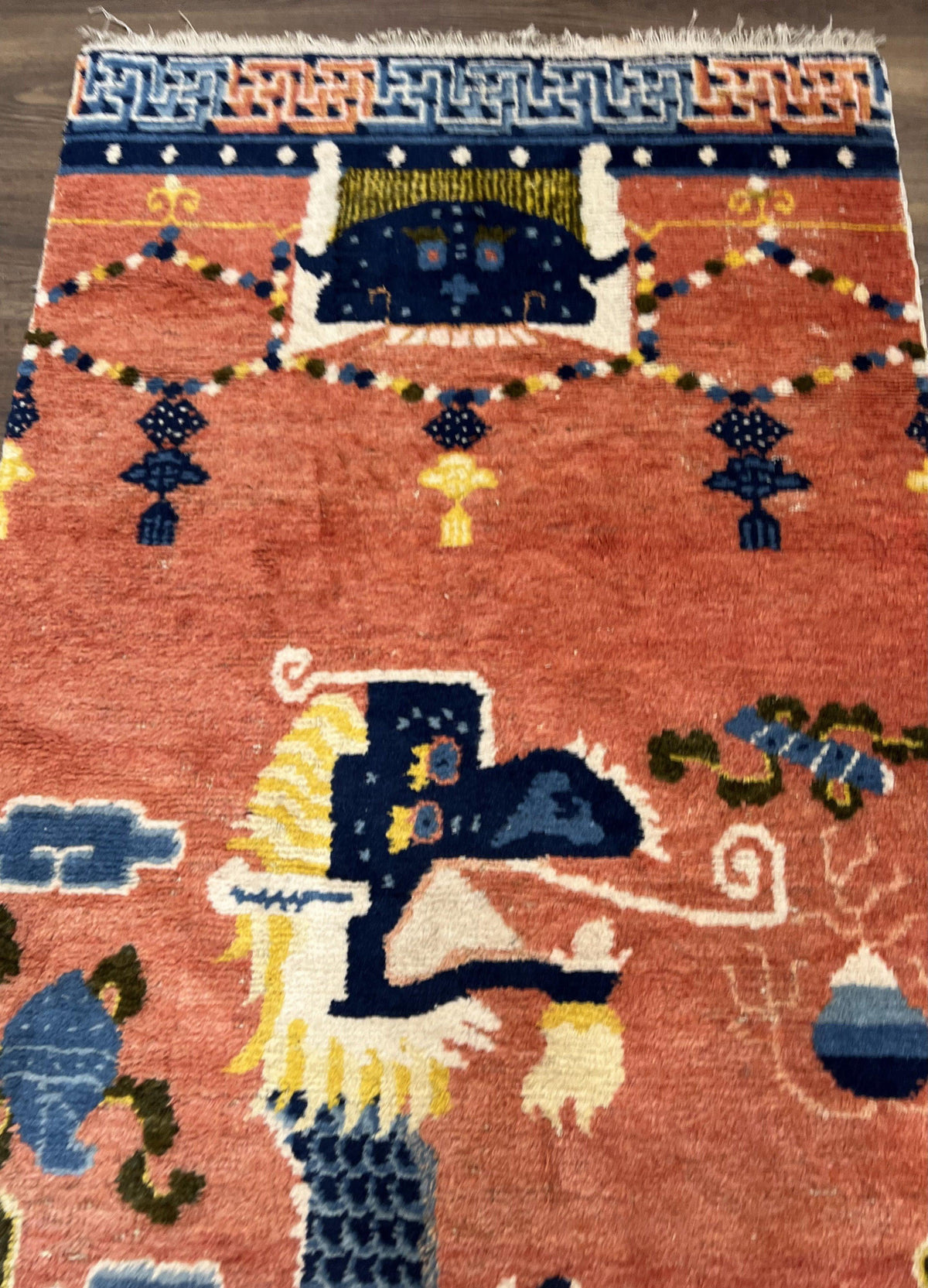 Rare Chinese Ningxia Pillar Rug 3x8, Late Qing Dynasty, 5 Clawed Dragon, Cloud Rainbow Border, Collectible Antique Carpet, Wool Hand Knotted - Jewel Rugs, view 3