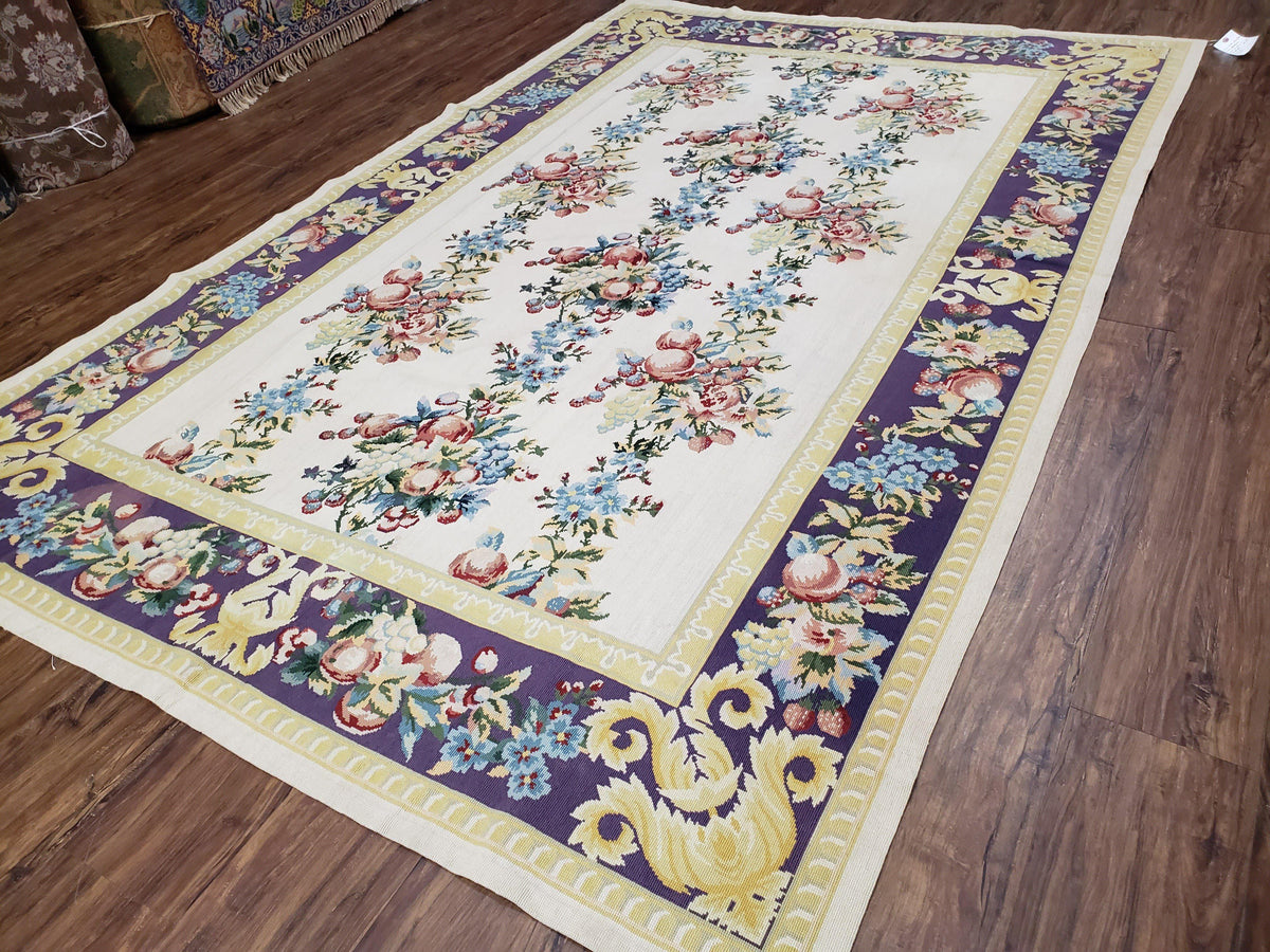 Vintage Chinese Floral Needlepoint Area Rug 6x9, Wool Hand-Woven Handmade Flatweave Rug, Ivory & Purple, Fruits Grapes Apples, Dining Room - Jewel Rugs, view 3