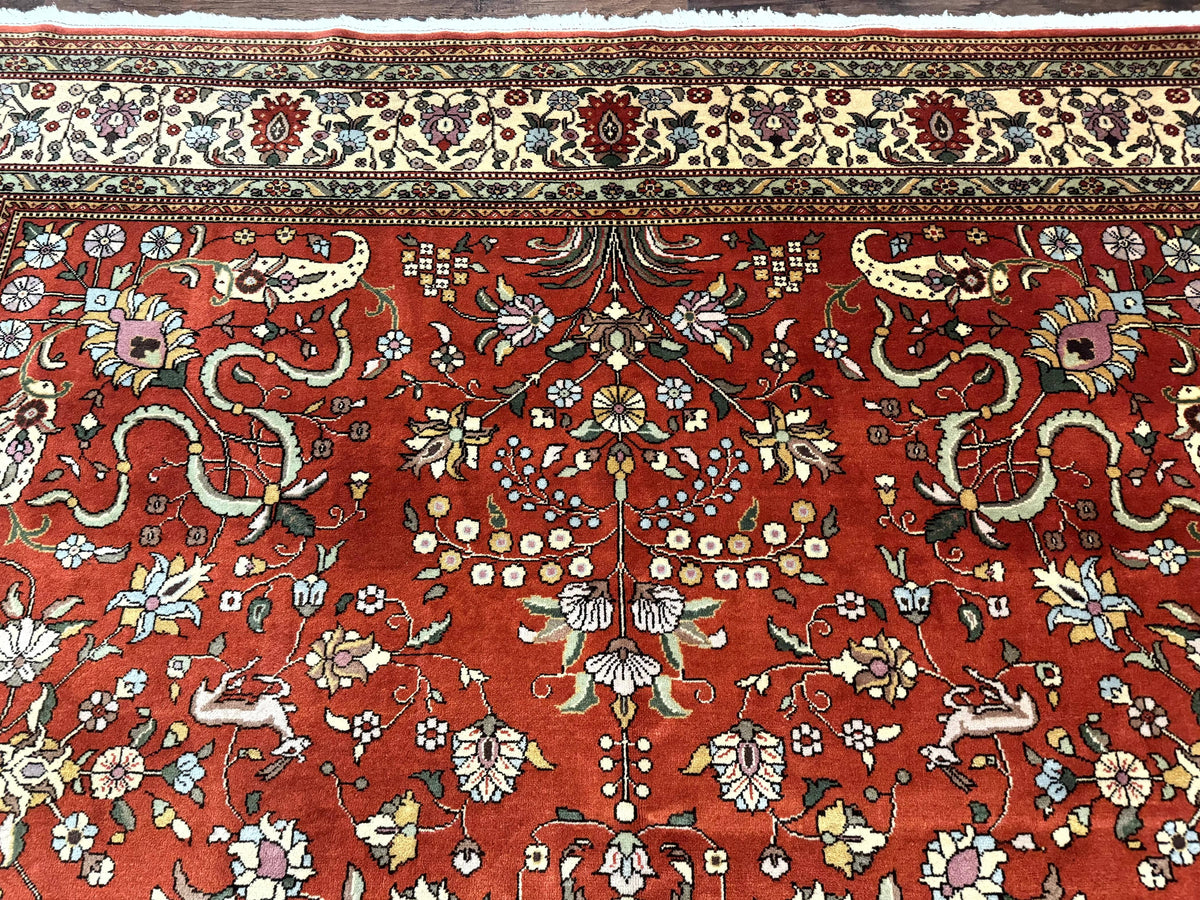 Romanian Rug 10x13, Vintage Handmade Wool Carpet, Floral Pattern, Birds, Red and Cream, Signed By Masterweaver, Persian Rug - Jewel Rugs, view 3