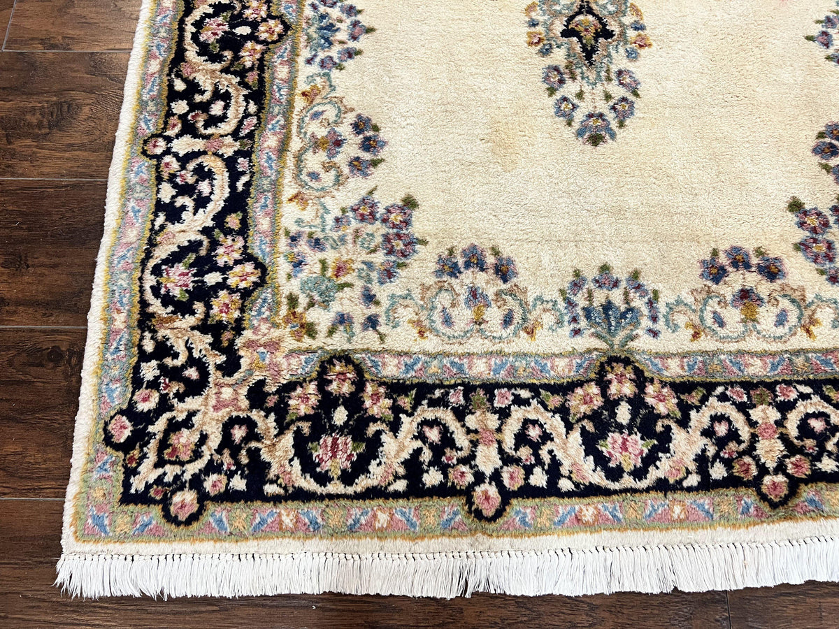 Persian Kirman Rug 4x7, Wool Hand Knotted Antique Carpet, Beige, Semi Open Field Medallion Rug, Traditional Handmade Oriental Rug - Jewel Rugs, view 9