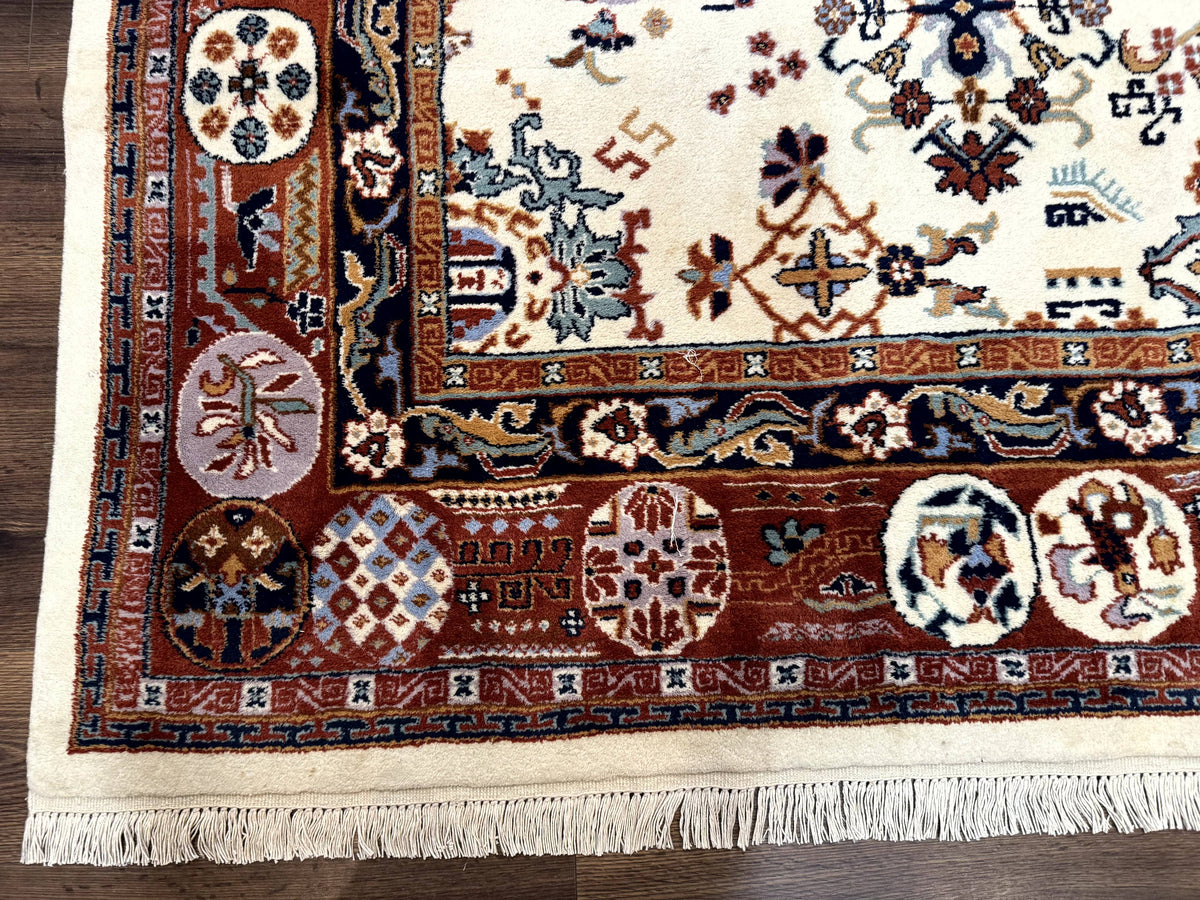 Indo Chinese Wool Rug 9x12, Ivory and Rust Red, Dragon Motifs - Jewel Rugs, view 9
