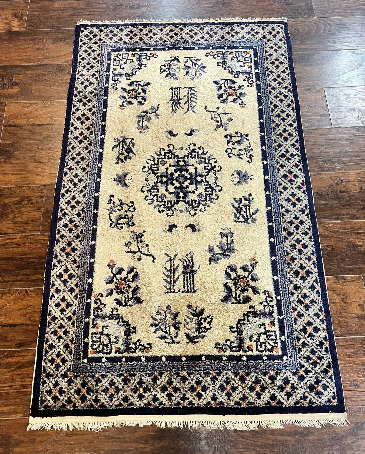 Silk Chinese Rug 3x5, Vintage Handmade Peking Carpet, Asian Oriental Art Deco Rug - Jewel Rugs, view 2