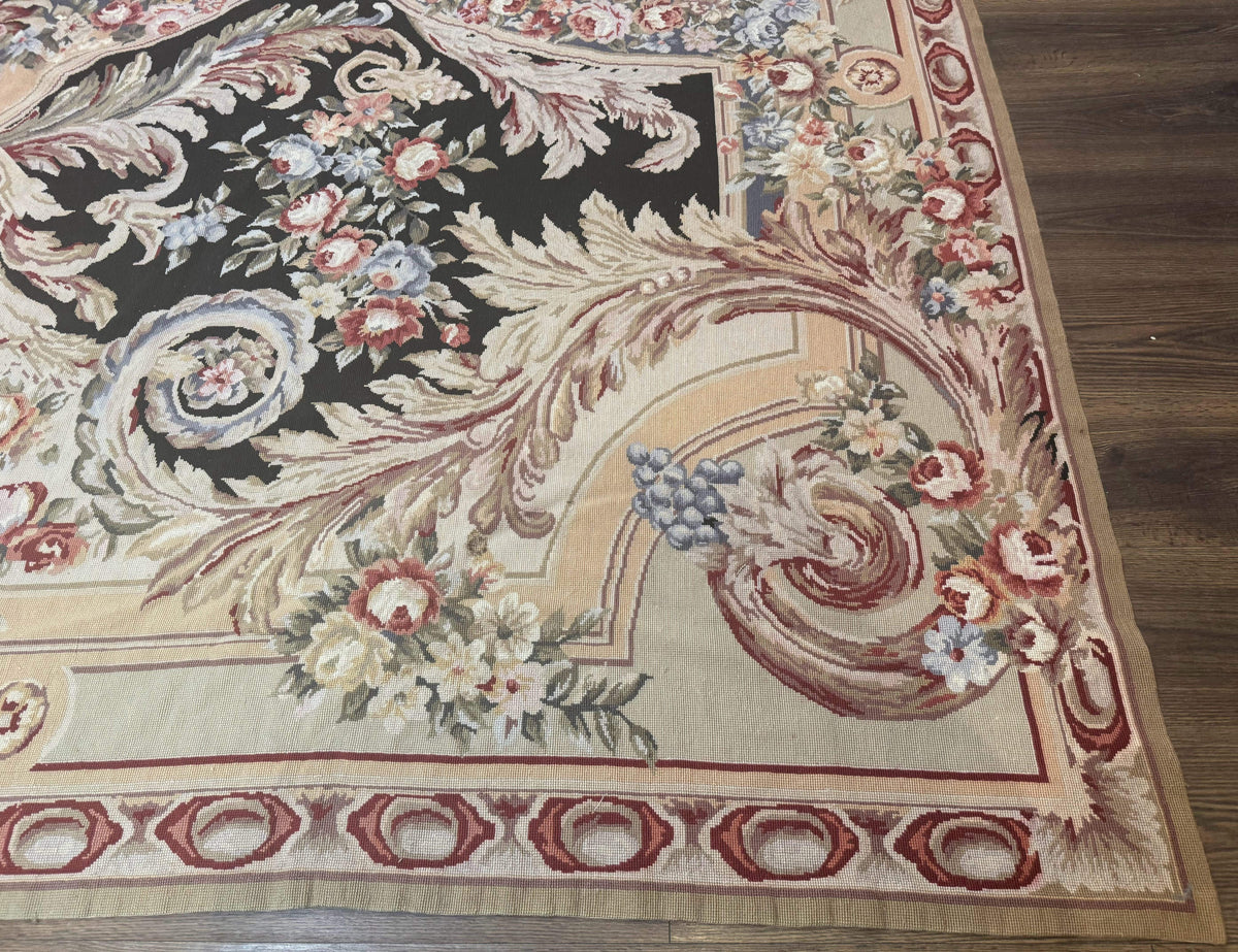 Wonderful Needlepoint Rug 10x14, Large Aubusson Carpet, Floral, Elegant, European Design - Jewel Rugs, view 10