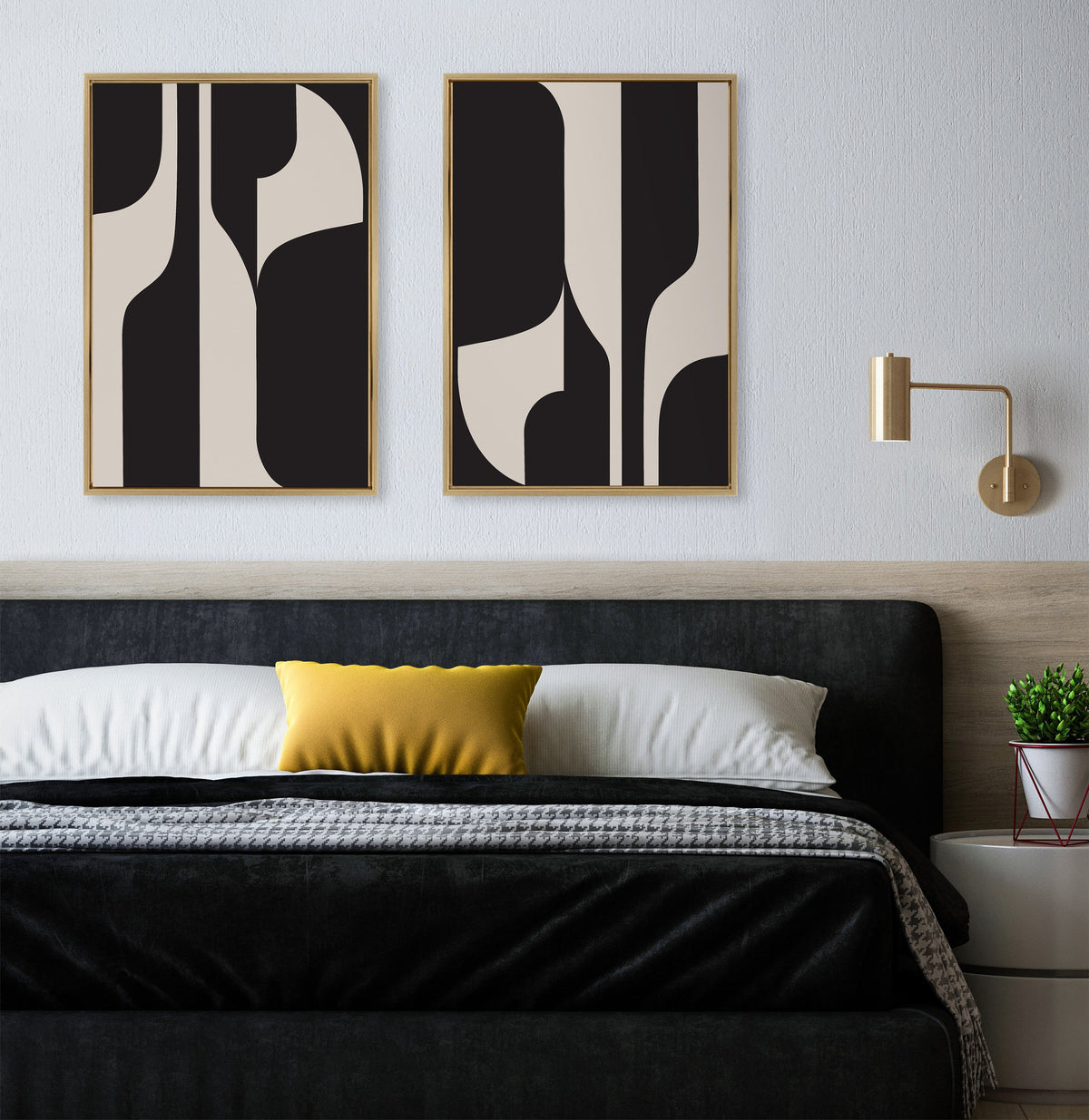 Sylvie Eye Catching Sleek Abstract 6 Black and Beige Framed Canvas by The Creative Bunch Studio