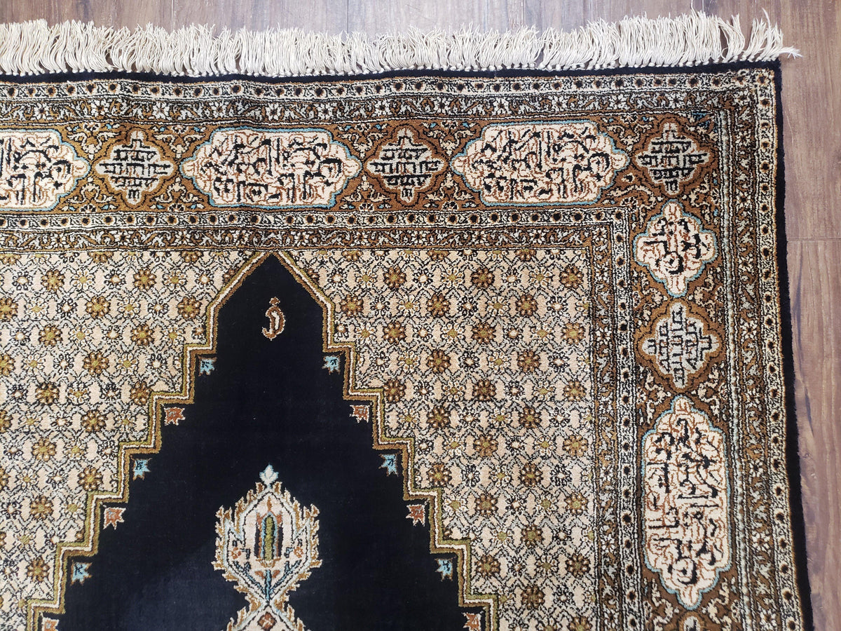 Persian Silk Qum Rug, Silk on Silk, Black Golden Brown and Beige, Hand-Knotted, 3'6" x 5' 5" - Jewel Rugs, view 7