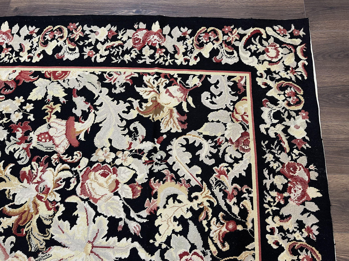 Wool Needlepoint Rug 9x12, William Morris Vintage Chinese Needlepoint Carpet 9 x 12, Handwoven, Allover Floral Area Rug, Black Light Green - Jewel Rugs, view 7