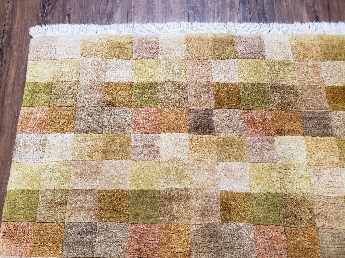 4x6 Tibetan Rug, Modern Abstract Handmade Area Rug, Checkerboard Pattern, Neutral Ivory Gold Tan Colors, Soft Pile, Mid Sized Rug, Nepali - Jewel Rugs, view 7