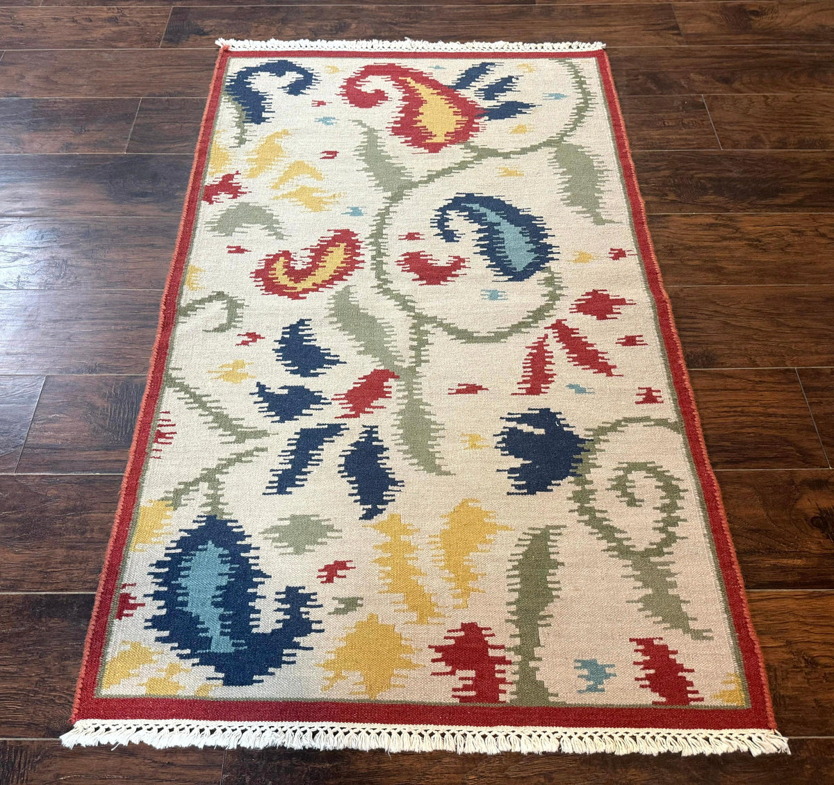 Indian Kilim Flatweave Rug 3x5, Abstract, Beige and Multicolor Flowers, Handmade - Jewel Rugs, view 2