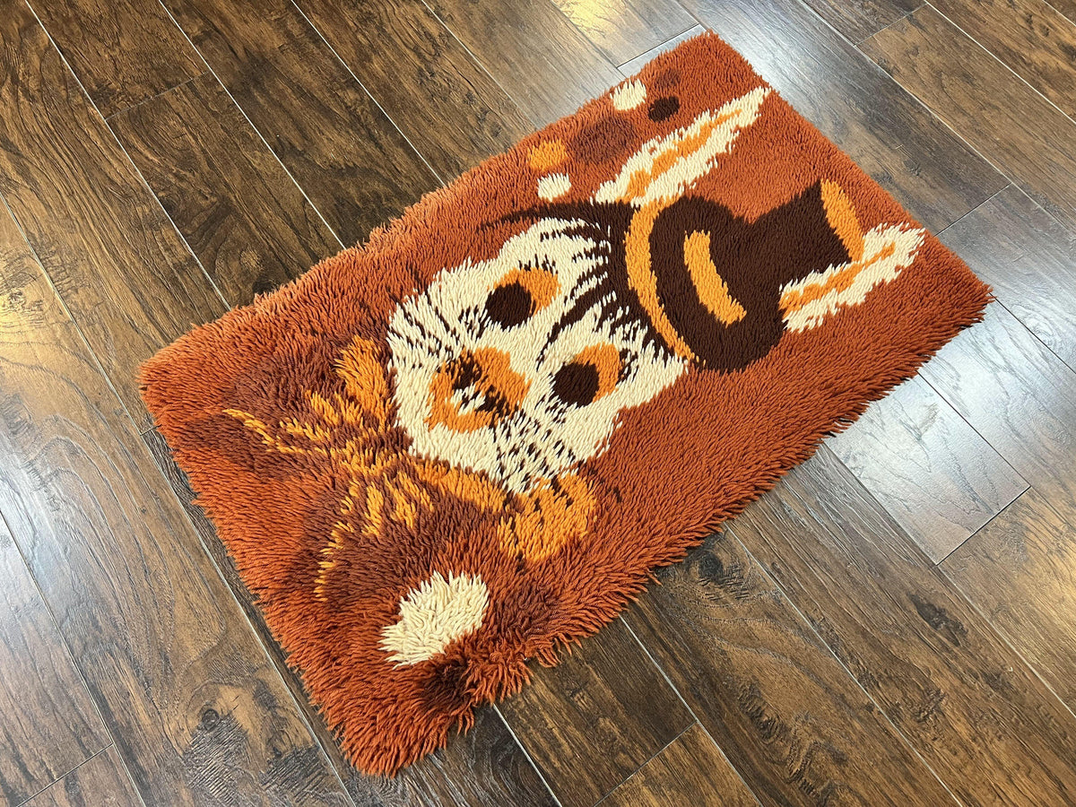 Rya Shag Rug 2x4, Rabbit in Top Hat, Wool, Orange, Vintage 1960s Danish Shag Rug - Jewel Rugs, view 3