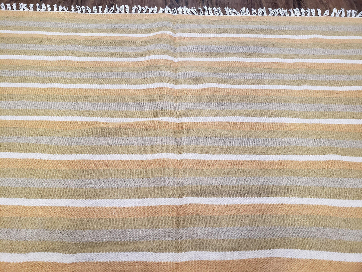 New Indian Kilim Area Rug, 6x8 - 7x8 South American Style Blanket, Striped Indian Wool Hand-Woven Flat Weave 6x9 Bedroom Rug, Ivory Ochre - Jewel Rugs, view 12