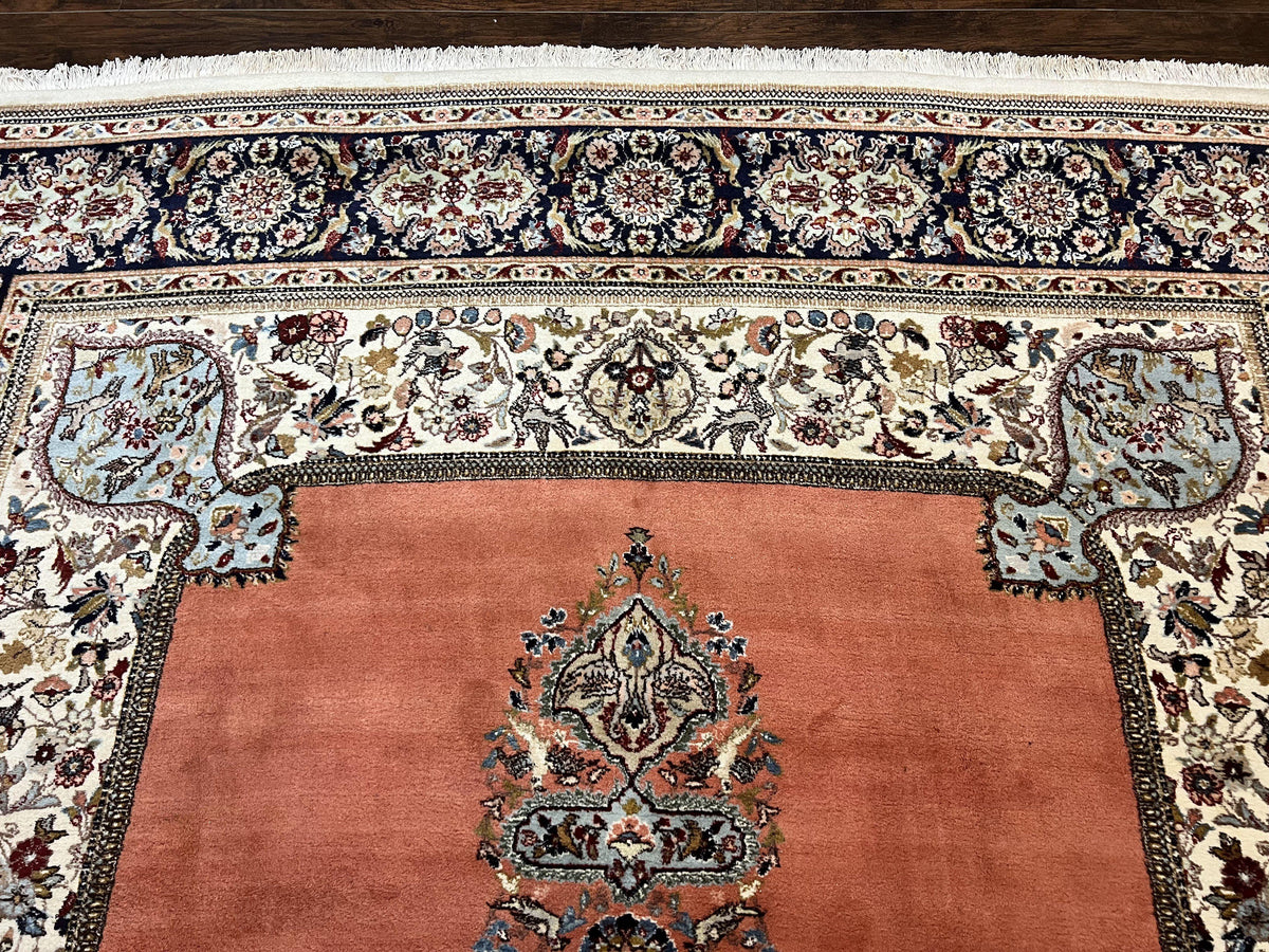 Persian Tabriz Rug 10x13, Wool Hand Knotted Vintage Carpet, Salmon Red & Ivory, Semi Open Field, Birds & Animal Motifs, Large Rug - Jewel Rugs, view 3
