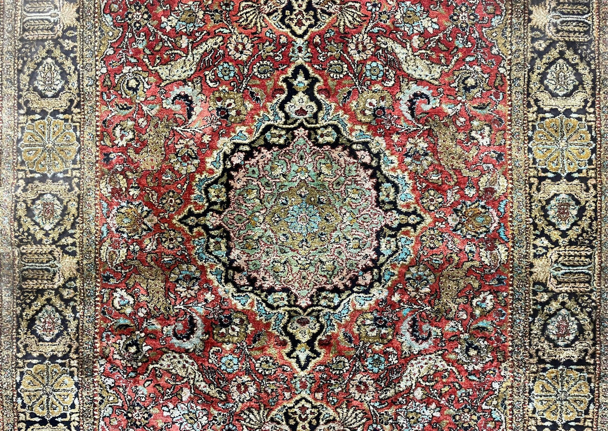 Persian Qum Silk Rug 3.8 x 5.6, Silk on Silk, Animal Pictorials, Fine 330 KPSI - Jewel Rugs, view 4