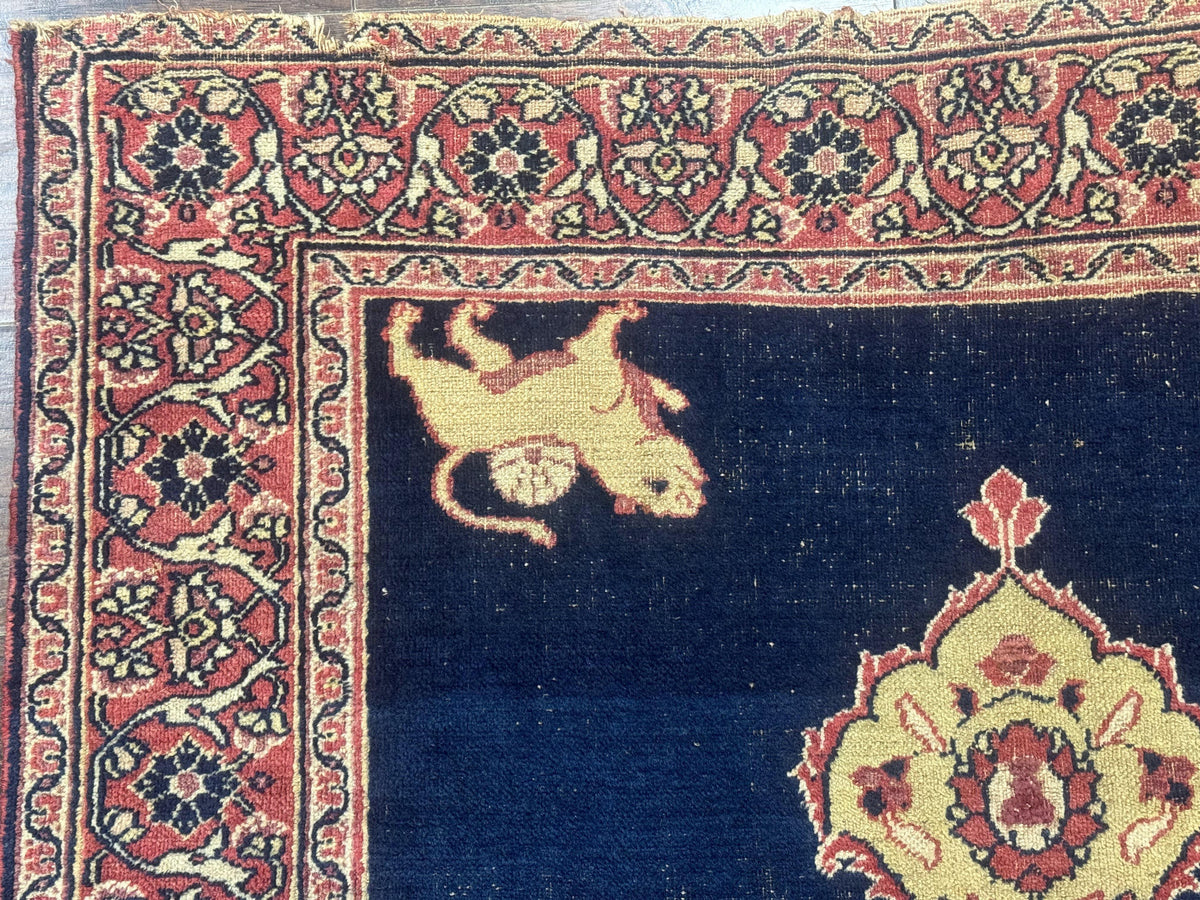 Antique Persian Mashad Rug 4x6, Semi Open Field, Navy Blue, Lion Pictorials, Triple Medallion, Dorokhsh Rug - Jewel Rugs, view 7