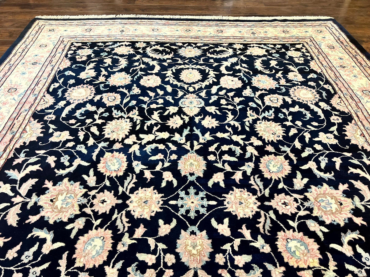 Indo Persian Rug 9x12, Navy Blue and Ivory/Cream, Floral Allover, Wool Vintage Handmade Carpet - Jewel Rugs, view 6