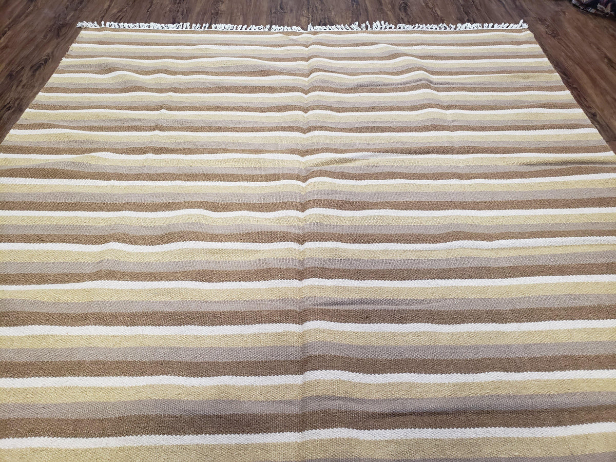 Indian Striped Blanket 6x9, Large Indo Kilim Area Rug, Earthern Tones Woolen Hand-Woven Flatweave South American Style Queen Size Bedspread - Jewel Rugs, view 5
