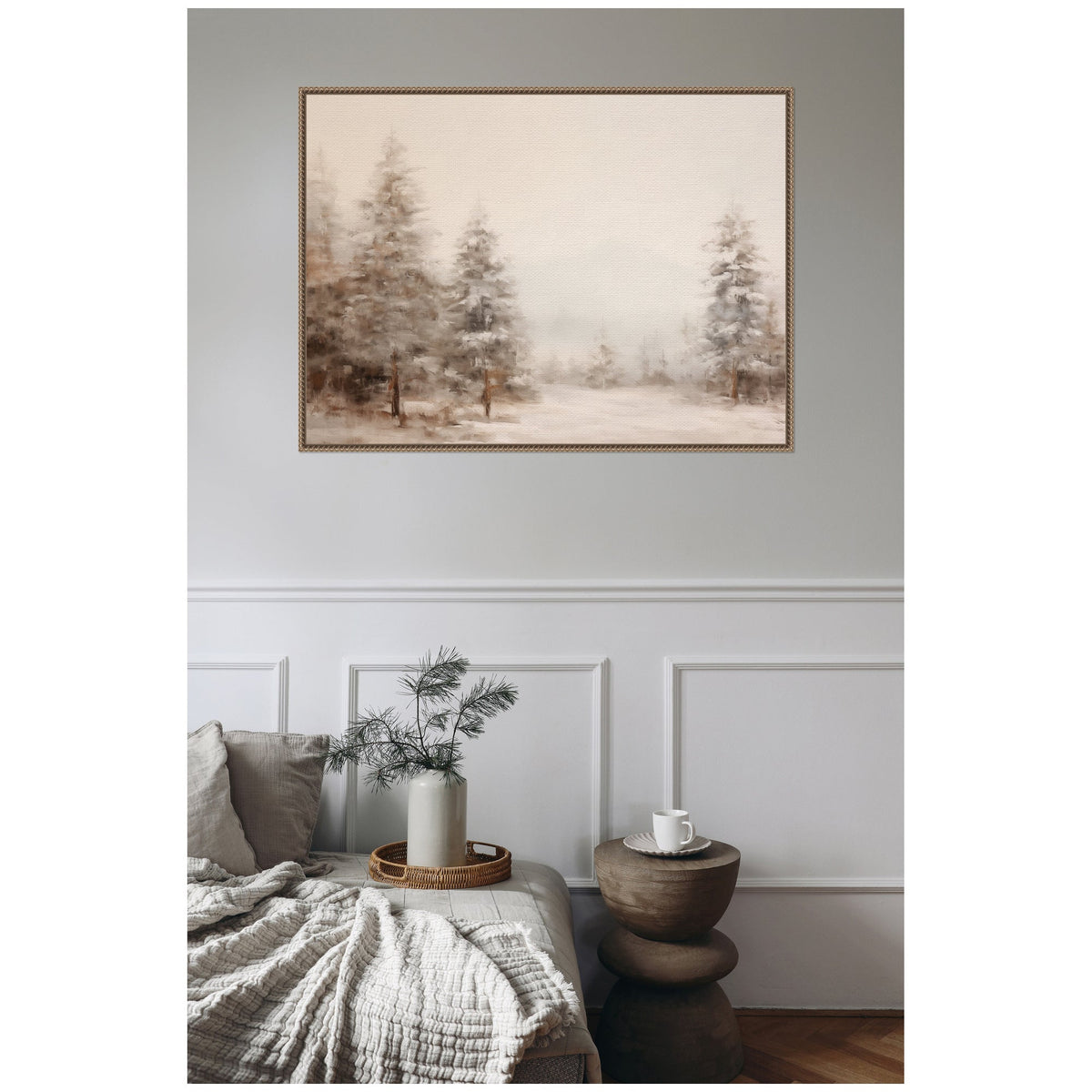 Sylvie Beaded Warm Neutral Winter Forest Landscape Framed Canvas by The Creative Bunch Studio