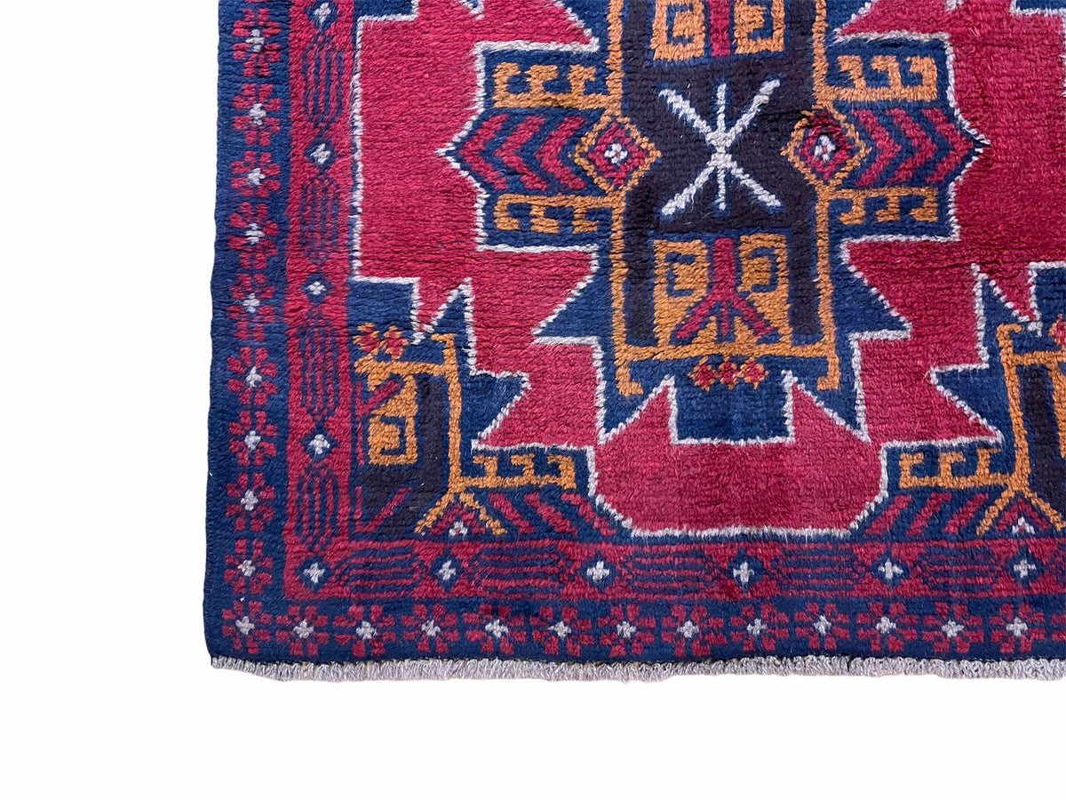 2' 8" X 4' 6" Vintage Handmade Tribal Wool Rug Balouchi Rug Afghan Rug Red Blue - Jewel Rugs, view 9