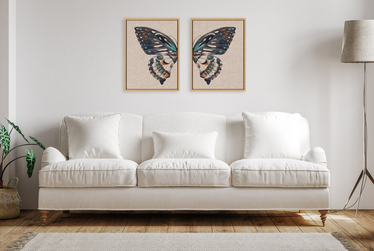 Sylvie Boho Butterfly Watercolor Diptych Neutral Linen Framed Canvas Art Set by The Creative Bunch Studio