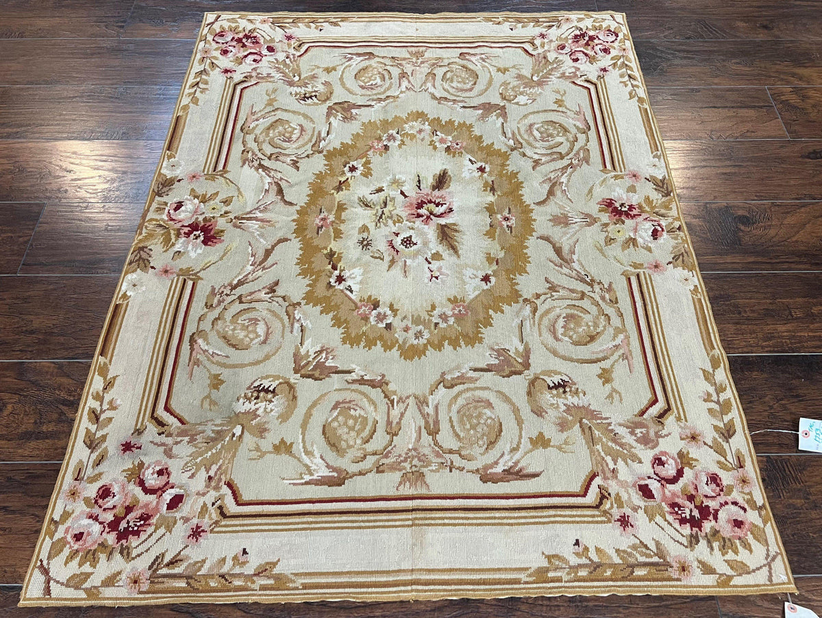 Aubusson Needlepoint Rug 4x5 ft, Beige and Tan, Aubusson Savonnerie Vintage Carpet, Handwoven Handmade Wool Rug, European Design Floral Rose - Jewel Rugs, view 2