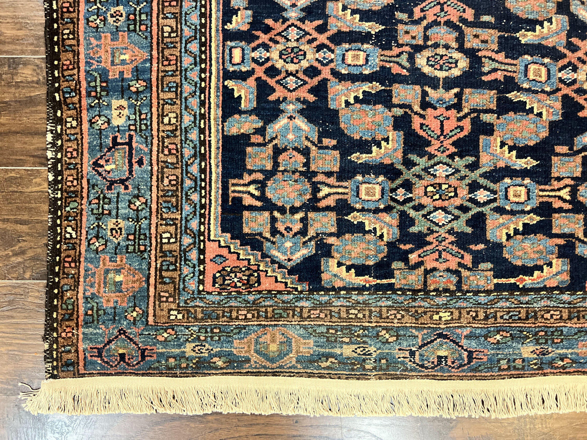 Antique Persian Tribal Rug 5x7, Navy Blue & Pink, Hand Knotted Handmade 1920s Wool Rug, Allover Pattern, Persian Hamadan Rug - Jewel Rugs, view 9
