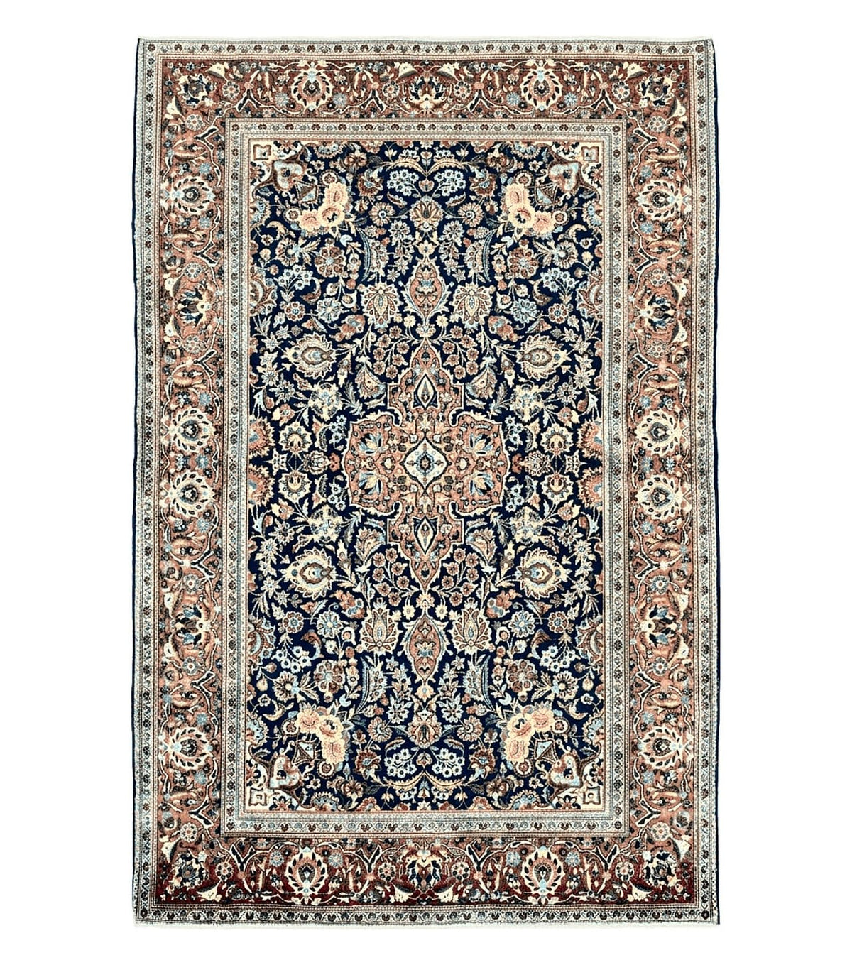 Persian Kashan Rug 4x7, Floral Medallion Vintage Handmade Hand Knotted Navy Blue & Red Wool Oriental Carpet, Highly Detailed Semi Antique Rug - Jewel Rugs