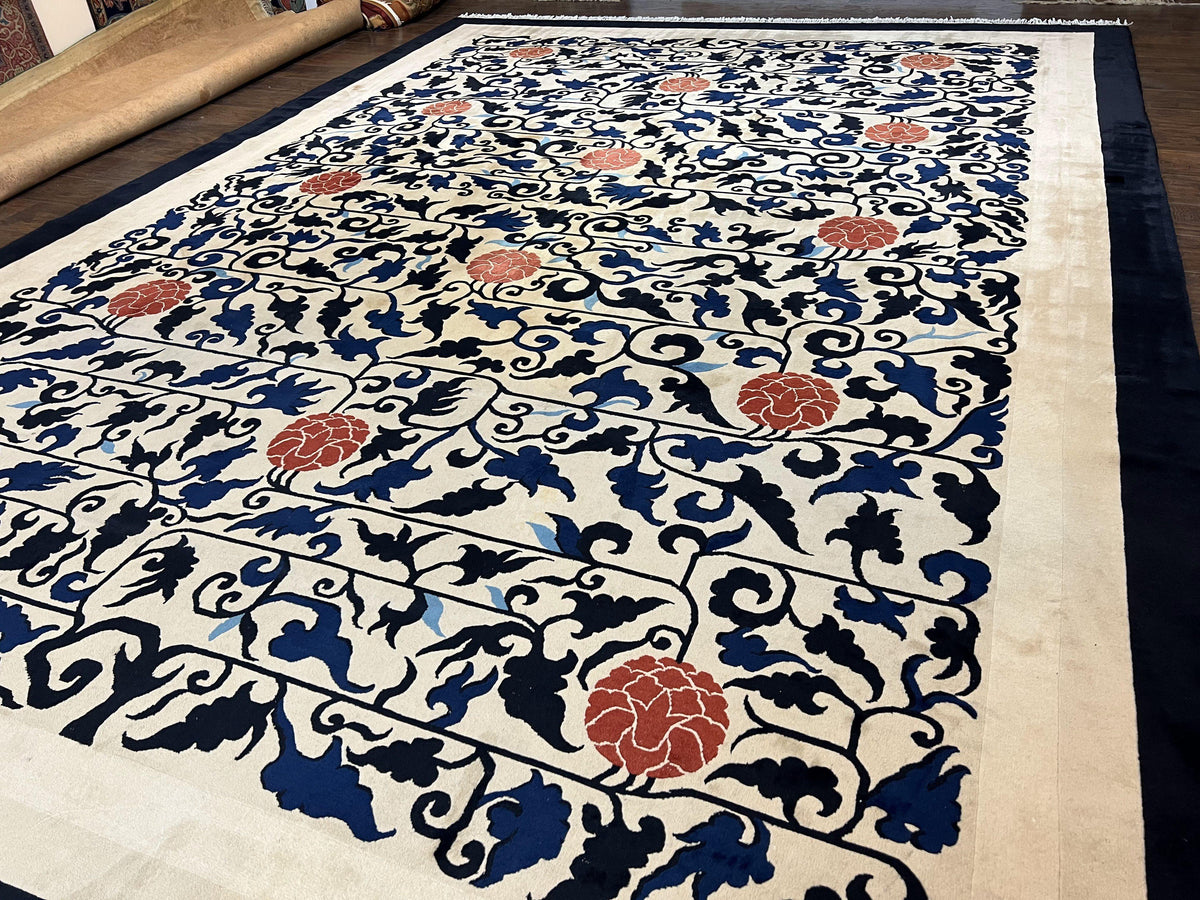 Antique Chinese Peking Rug 10x14, Beige Black, Handmade Wool Art Deco Carpet - Jewel Rugs, view 3
