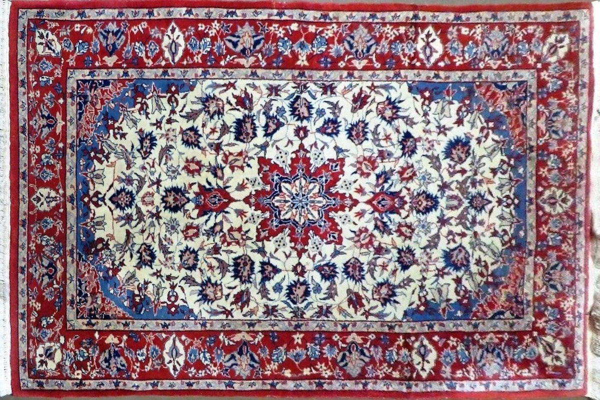 3' X 5' Vintage Handmade Authentic Oriental Floral Medallion Fine Wool Rug Beige Red and Blue Top Quality Veg Dyes - Jewel Rugs, view 12