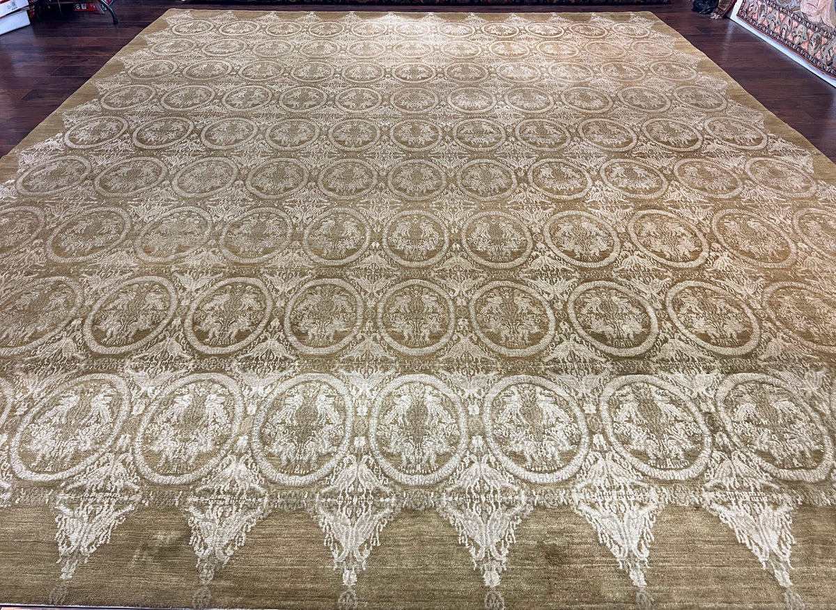 Tibetan Rug 12x15, Wool Hand Knotted Carpet, Odegard Rug, Birds, Olive Green, 12 x 15 Oversized Handmade Contemporary Area Rug, Extra Large - Jewel Rugs
