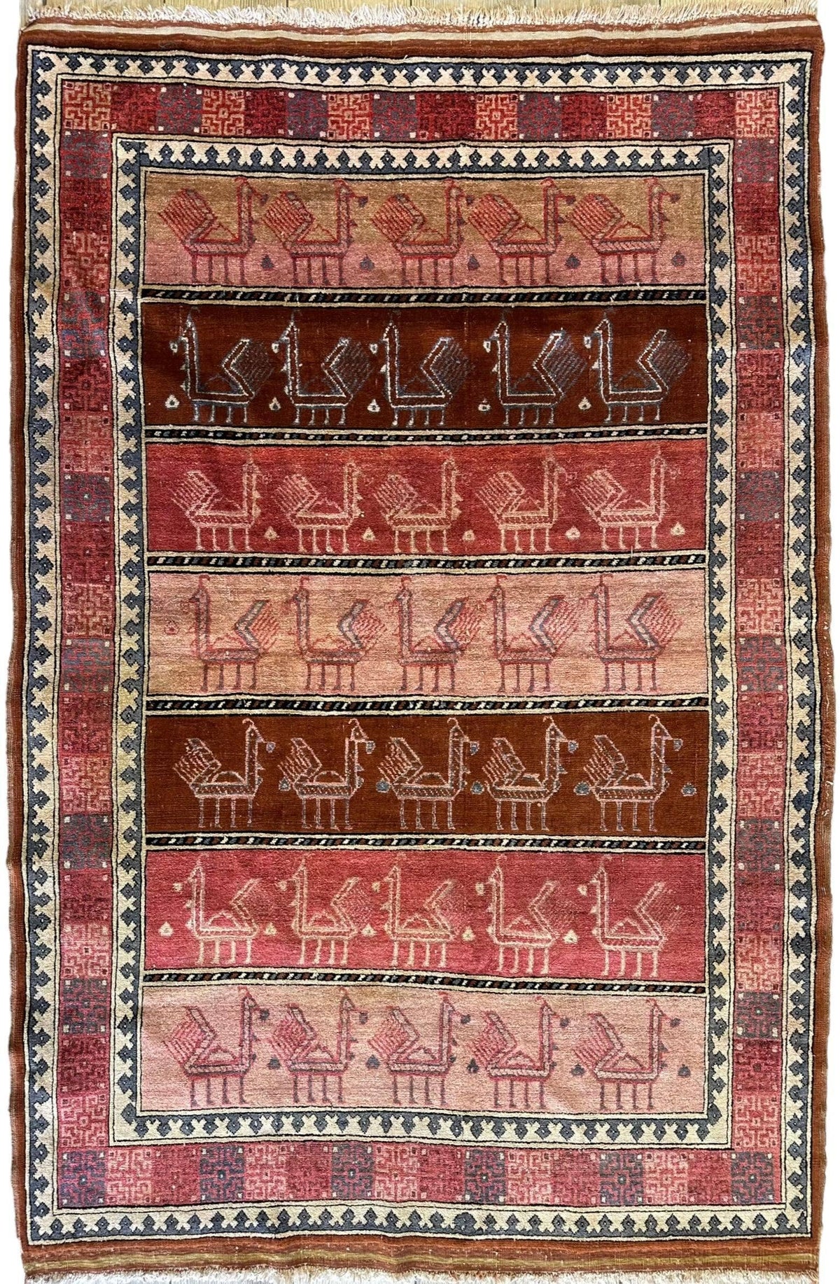Vintage Afghan Turkmen Rug 4x6 | Pink, Rust & Brown | Hand-Knotted Wool & Silk - Rugistan