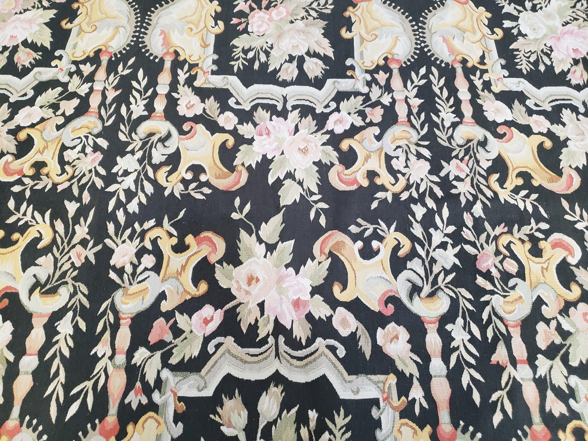 Vintage Black Aubusson Area Rug 8x10, Large Flowers Chinese Aubusson Carpet 7.9 x 10, Wool Hand-Knotted Floral Pattern Flat Weave Rug Nice - Jewel Rugs, view 5
