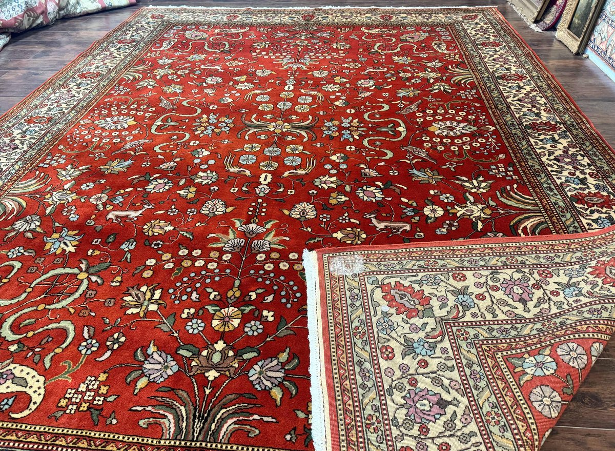 Romanian Rug 10x13, Vintage Handmade Wool Carpet, Floral Pattern, Birds, Red and Cream, Signed By Masterweaver, Persian Rug - Jewel Rugs, view 10