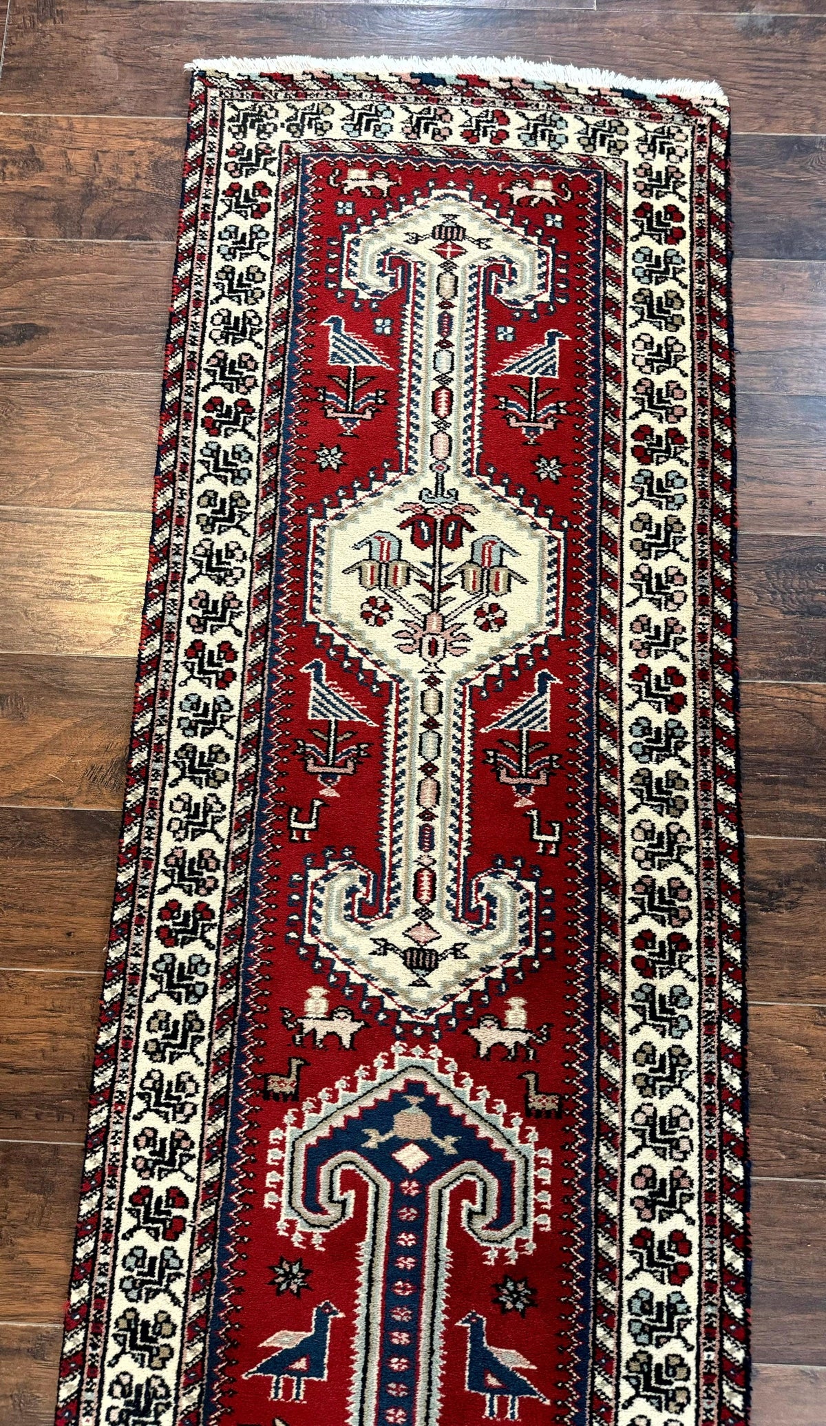 Indo Persian Runner Rug 2.6 x 12, Heriz Geometric Caucasian Design, Animal Pictorials, Tribal Runner Rug, Vintage Handmade Wool Red - Jewel Rugs, view 3
