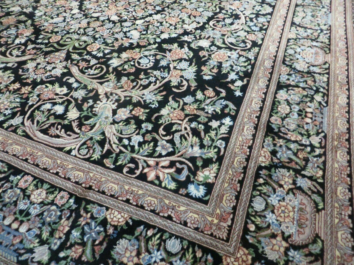 8' X 10' Vintage Handmade Pakistani Floral Wool Rug Black Nice - Jewel Rugs, view 12