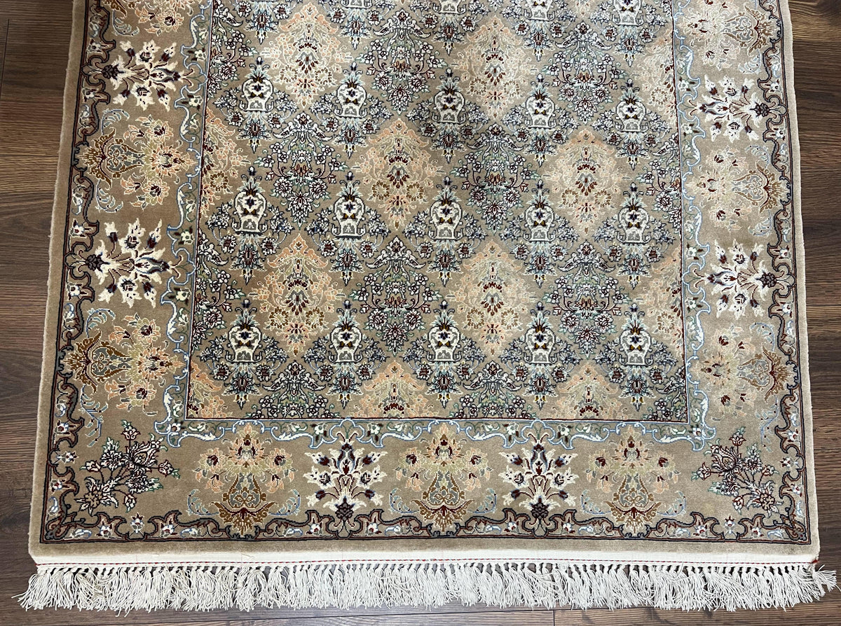 Super Fine Persian Isfahan Rug 3x5 ft, Kork Wool on Silk Foundation, Repeated Floral Motif, Taupe Tan Hand Knotted Oriental Carpet 3 x 5 ft, Signed - Jewel Rugs, view 10