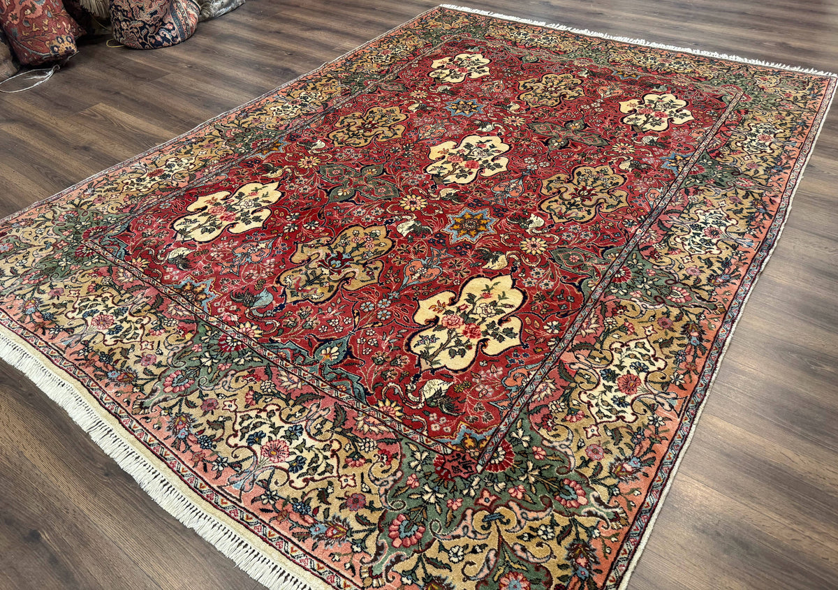 Antique Tabriz Persian Rug 7x10, Red Cream Tan, Unique Design, Fine 270 KPSI, Birds, Floral - Jewel Rugs, view 2