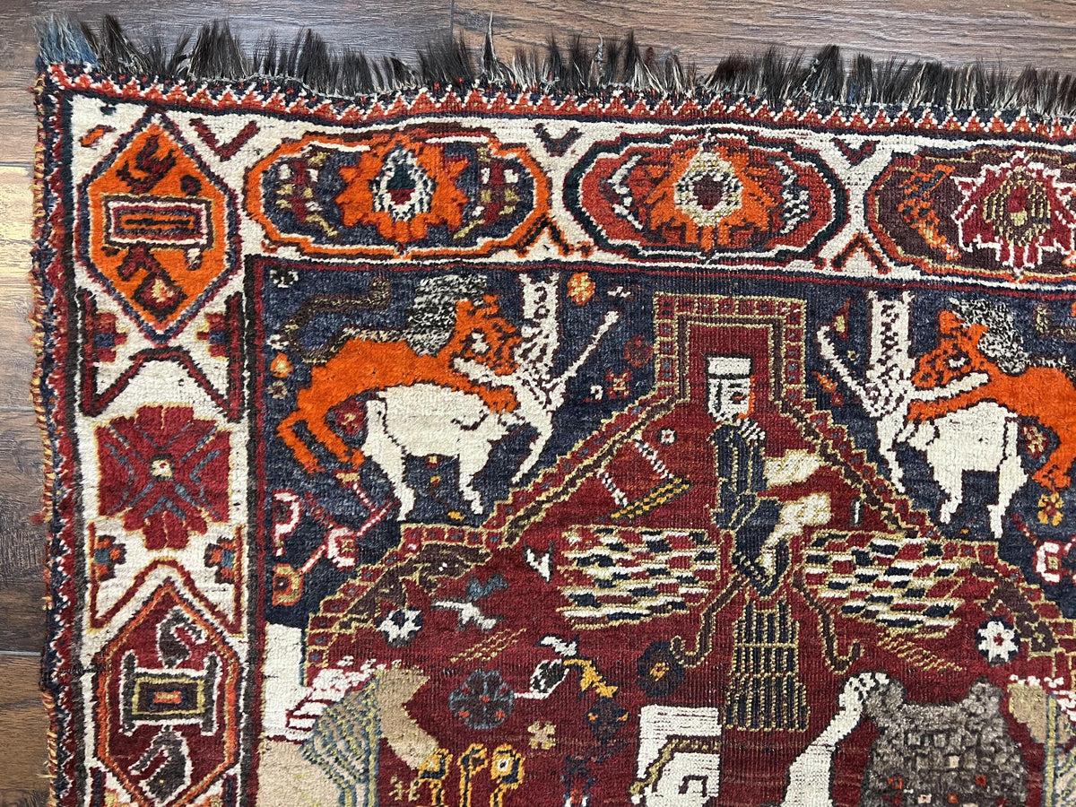 Antique Persian Shiraz Pictorial Rug 3.6 x 5, Persian Tribal Rug, Handmade, Lions, Highly Unique Collectible Small Persian Carpet, Maroon, Wool - Jewel Rugs, view 7