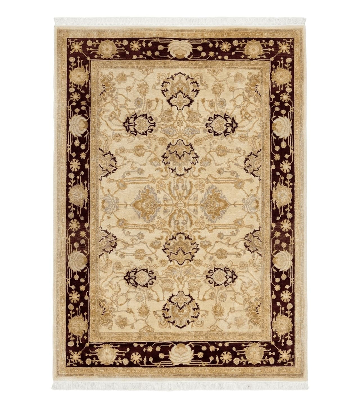 Peshawar Rug 5x7, Beige and Maroon, Vintage Handmade Wool Traditional Carpet 5 x 7 ft, Pakistani Rug, Agra Pattern, Very Fine 260 KPSI - Jewel Rugs