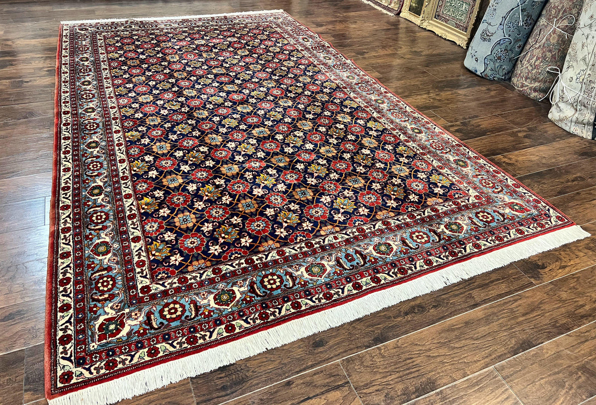 Persian Veramin Rug 7x11, Repeated Allover Pattern, Handmade Vintage Carpet, Navy Blue - Jewel Rugs, view 3