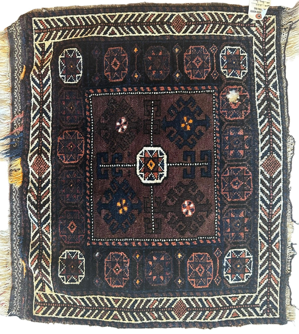 Antique Afghan Baluch Bag Face 2x2 | Navy, Brown & Ivory | Hand-Knotted Wool - Rugistan