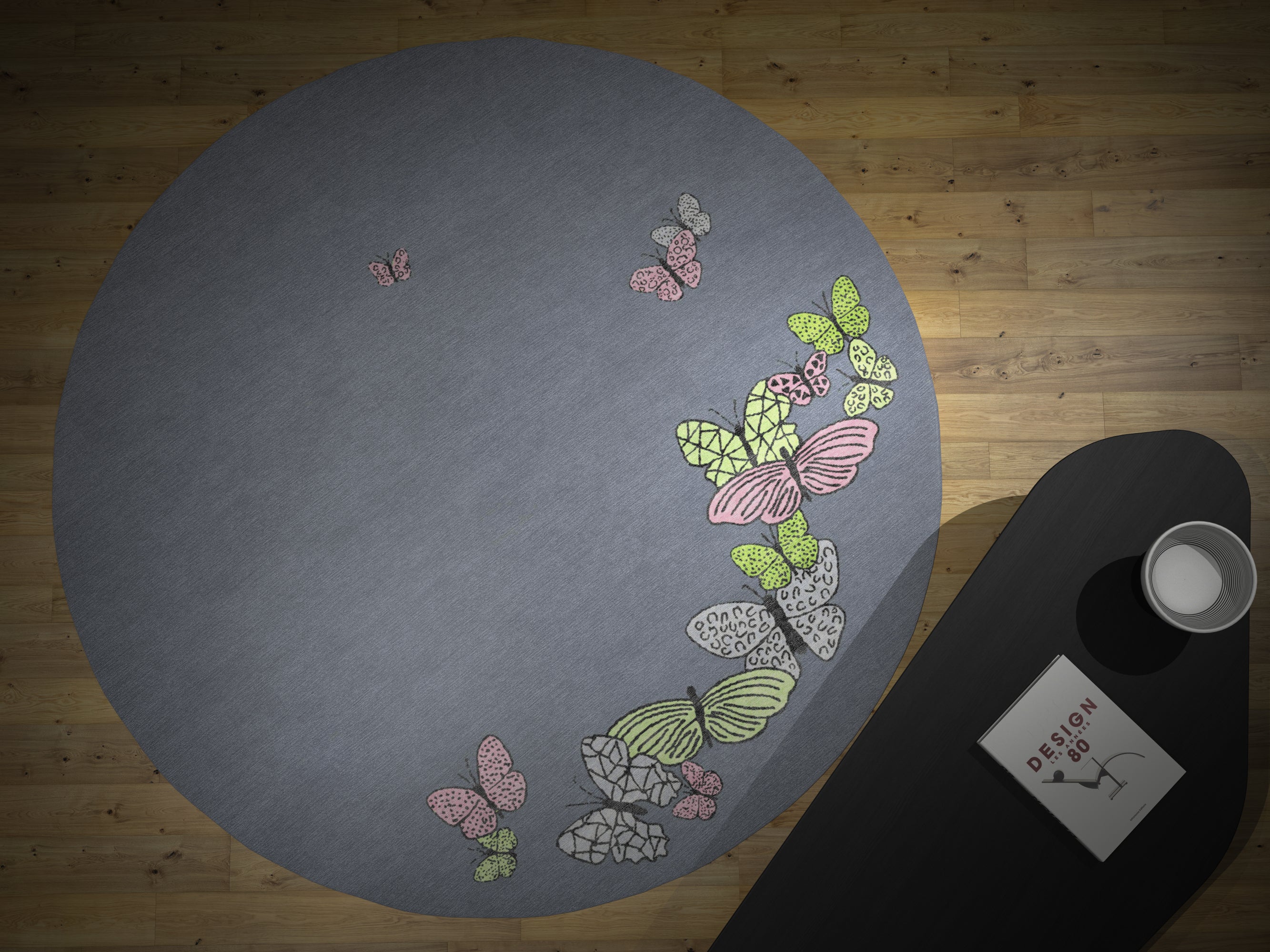 "Spirit in the Sky" - Grey Round Butterfly Rug in Wool and Silk - image 5