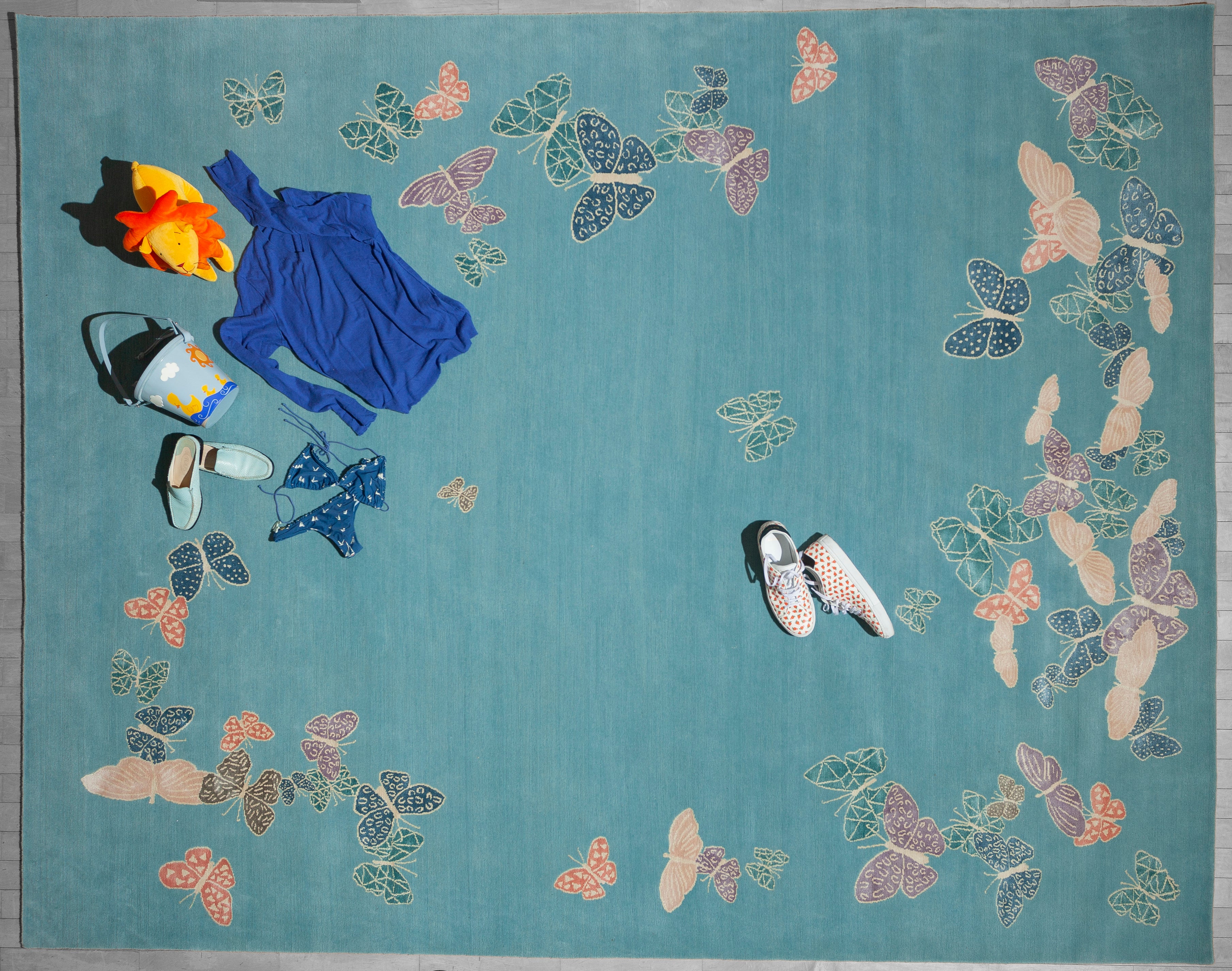 "Spirit in the Sky" - Aqua Butterfly Rug in Wool and Silk